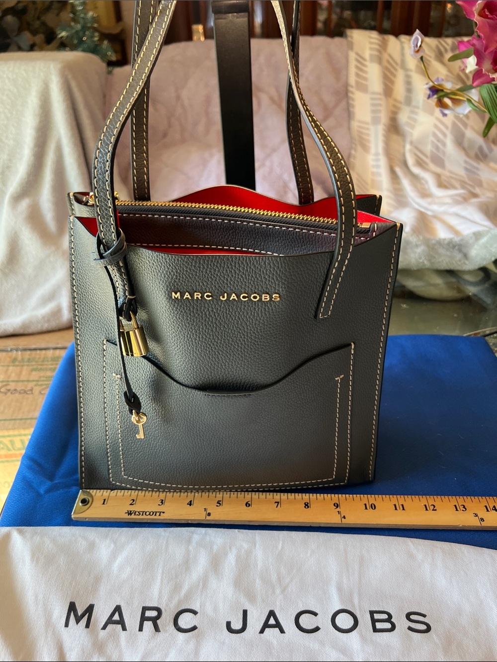 Marc Jacobs Gray Leather Tote with Red Interior and Gold Accents